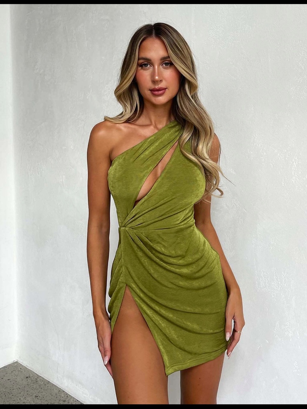 Tiger Mist Olive Green One-Shoulder Twist Mini Dress